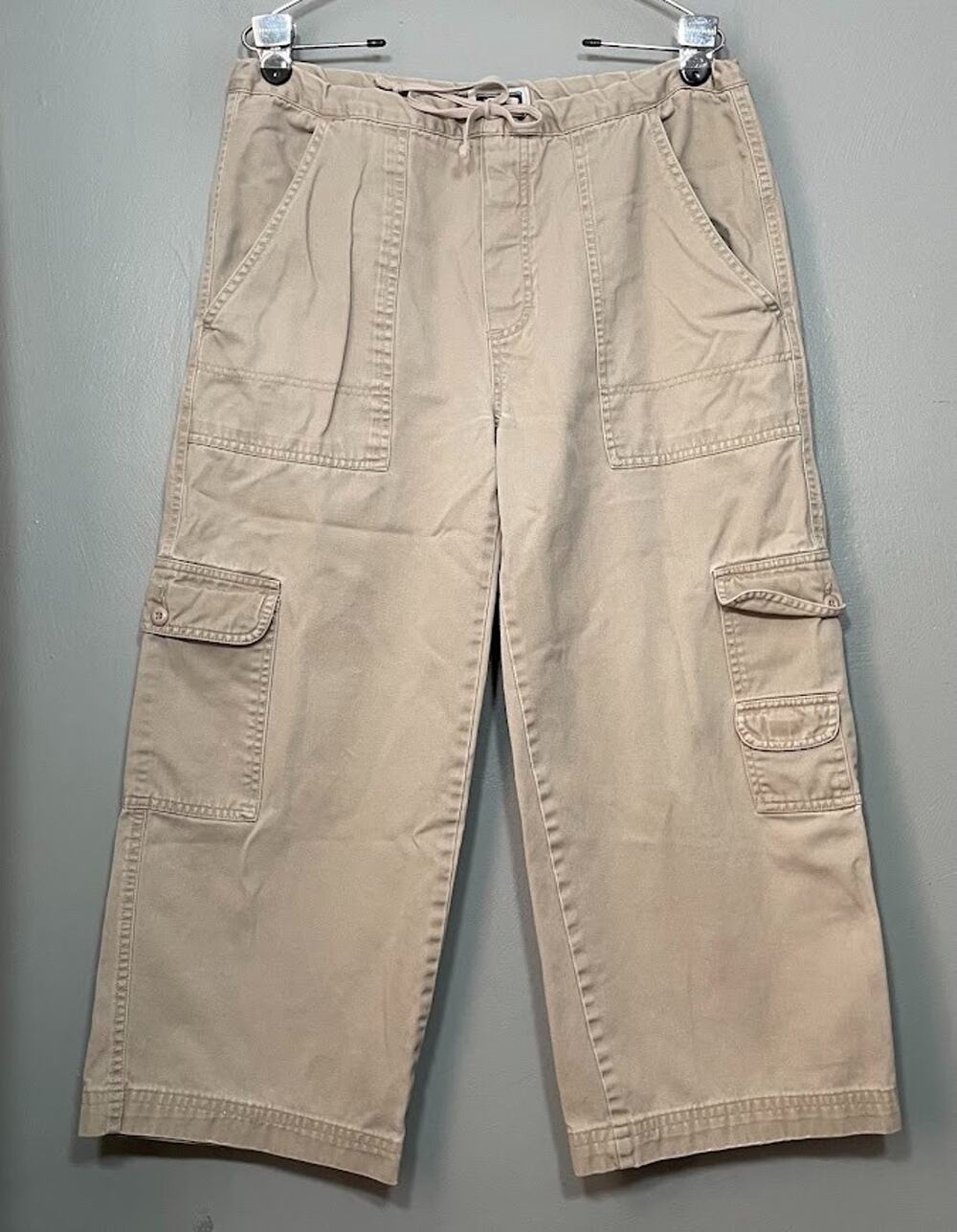Y2K Cropped Cargo Pants Size 9 Khaki Tan Wide Leg Baggy Utility Granola Girl